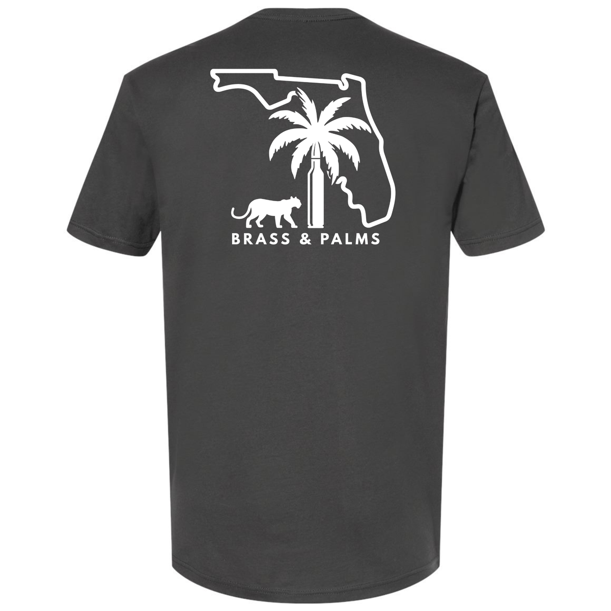 A dark charcoal grey T-shirt with a white Florida state outline, palm tree, bullet and Florida panther Brass & Palms design on the back.