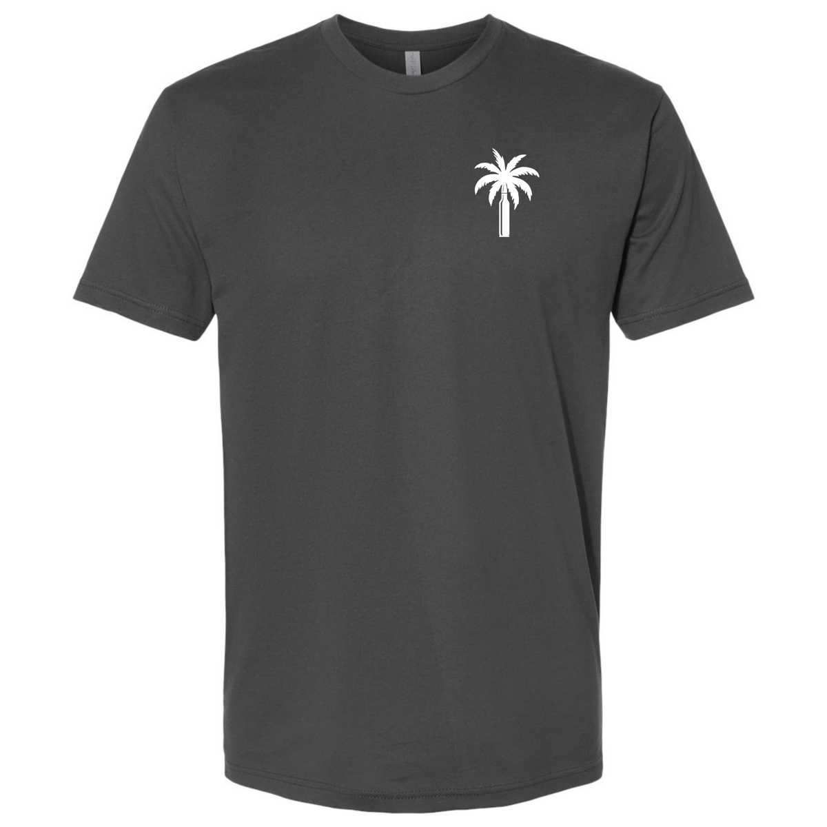 A dark charcoal modern fit T-shirt featuring a small white palm and bullet graphic on the front chest.