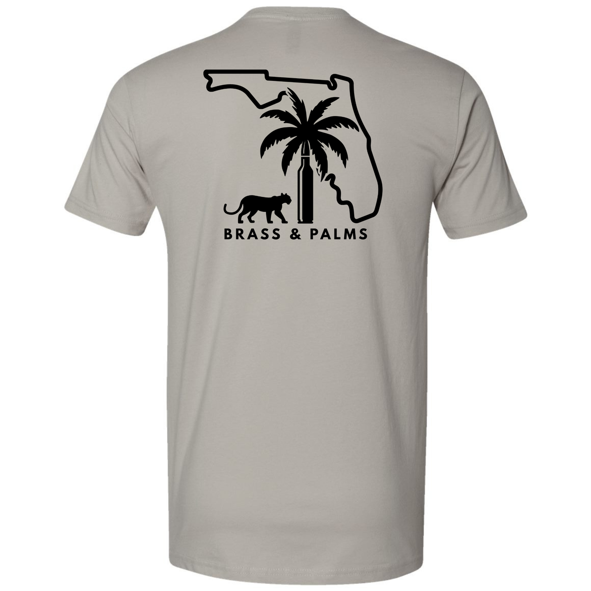 A light grey Florida T-shirt featuring a black Florida outline with a palm tree, bullet, panther and Brass & Palms logo on the back.