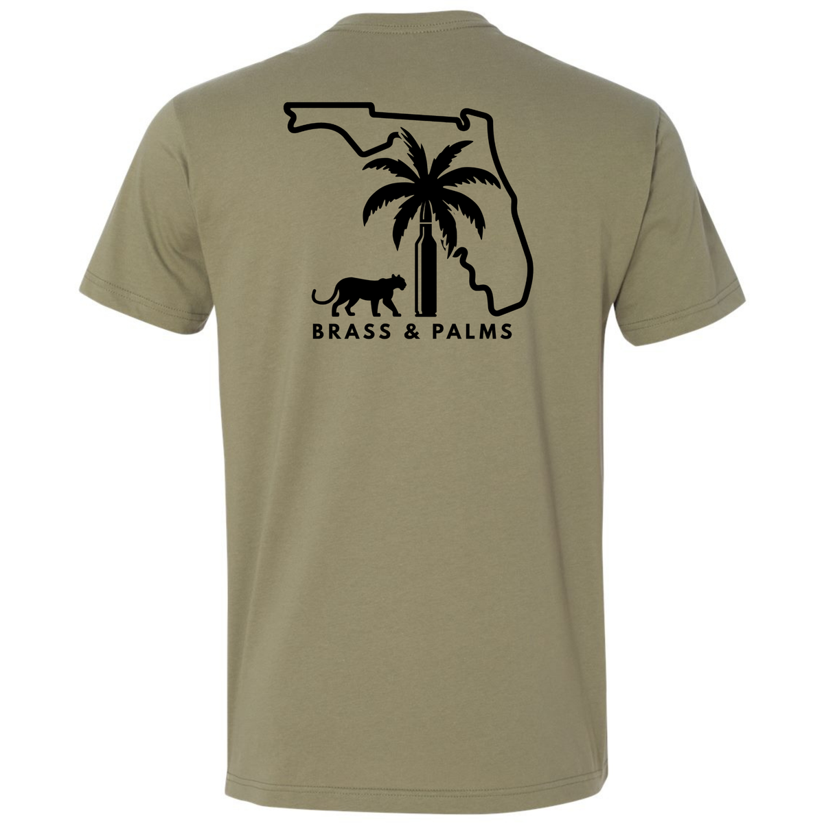 A light olive Florida T-shirt with a black state outline, palm tree, bullet and Florida panther Brass & Palms design across the back.
