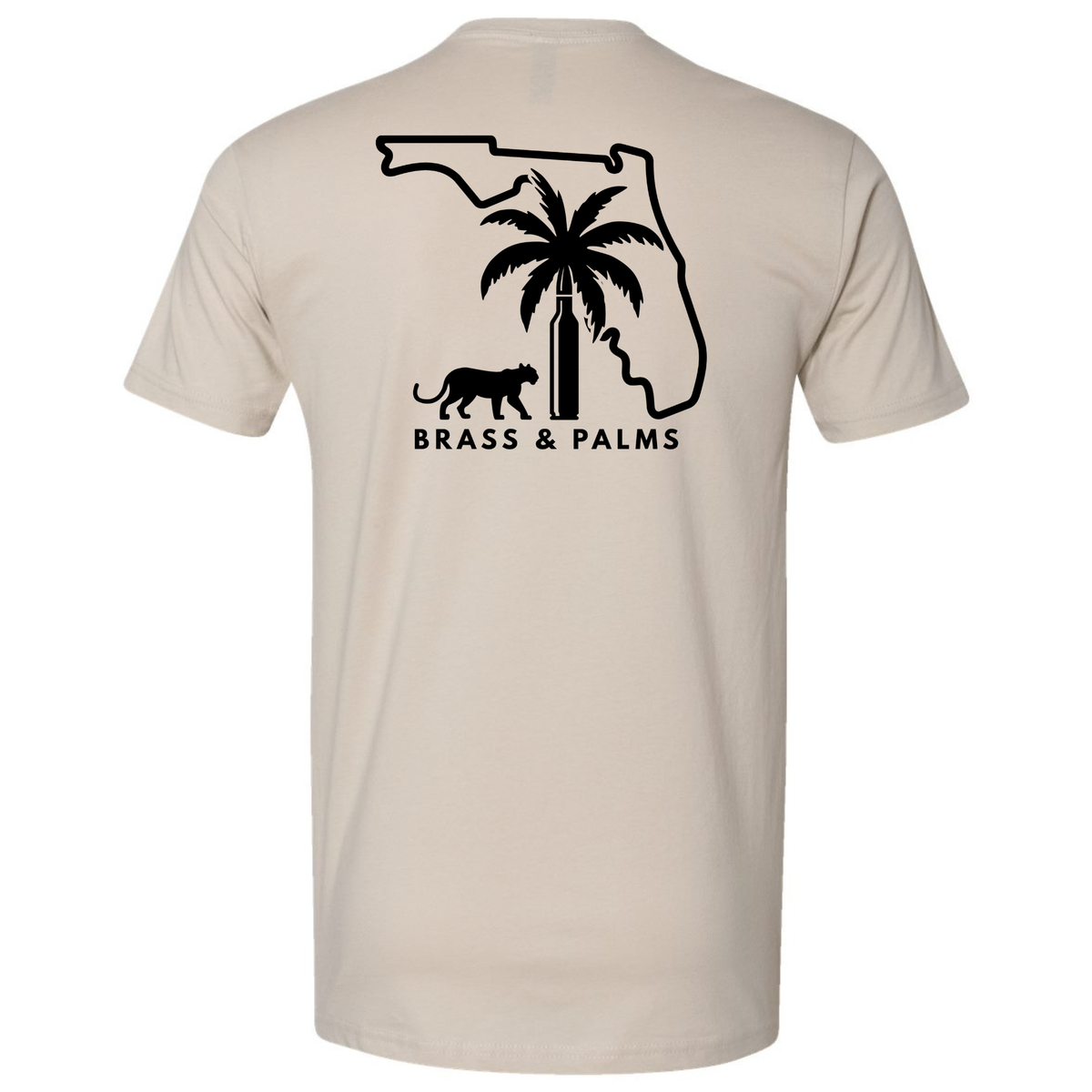 A sand-colored T-shirt with a black Florida gun culture graphic featuring the state outline, palm tree, bullet and Florida panther on the back.