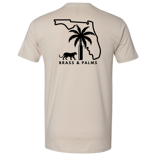 A sand-colored T-shirt with a black Florida gun culture graphic featuring the state outline, palm tree, bullet and Florida panther on the back.
