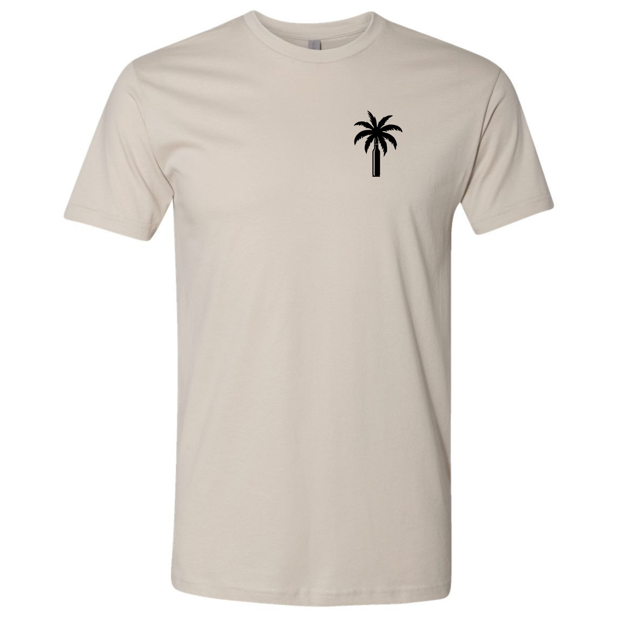 A sand-colored modern fit T-shirt with a small black palm tree and bullet graphic on the front chest.