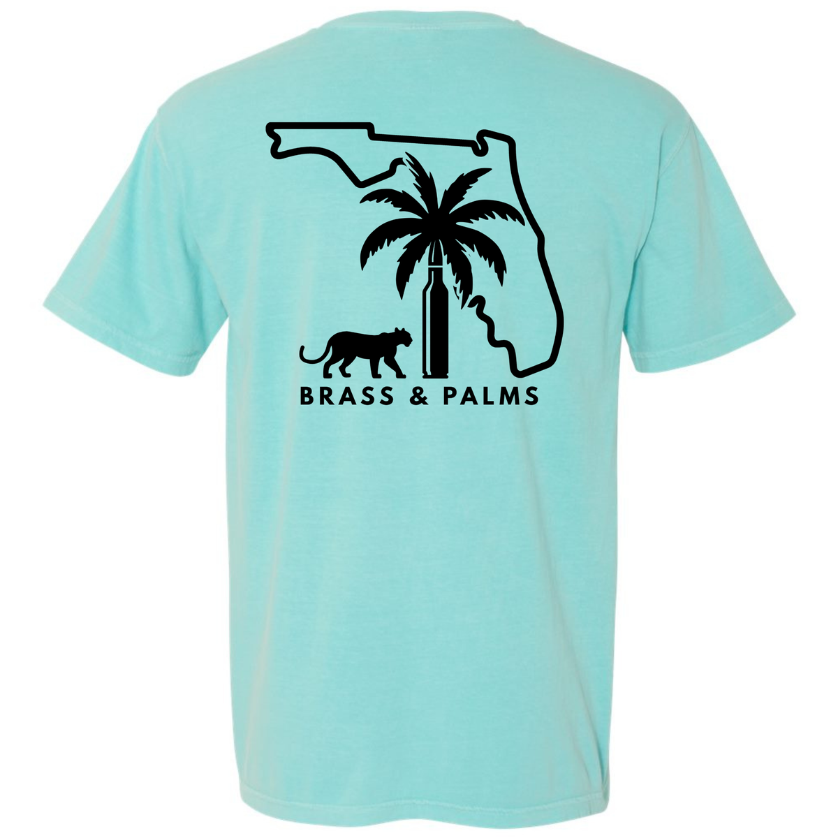 A Chalky Mint qua blue short-sleeve t-shirt shown from the back, featuring a black graphic of the Florida state outline with a palm tree, a panther, and the text 'BRASS & PALMS'.