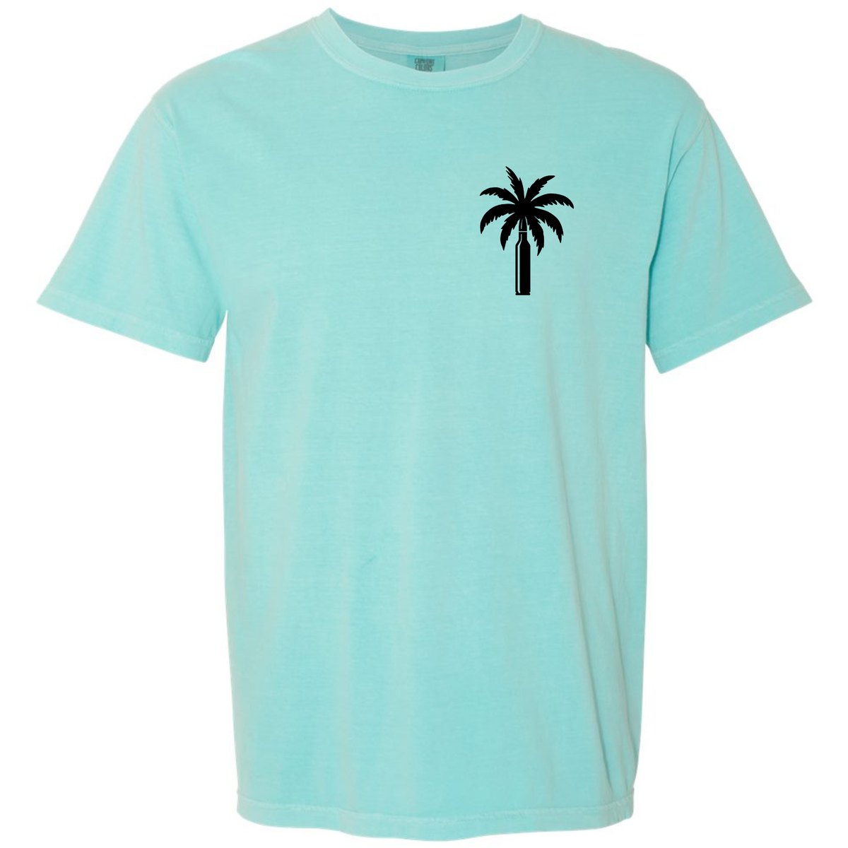 A Chalky Mint aqua short-sleeve crewneck t-shirt with a small black palm tree graphic printed on the left chest, displayed on a solid white background.