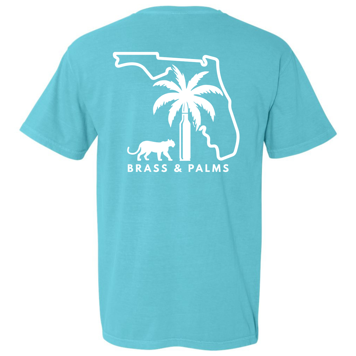 A Lagoon turquoise blue short-sleeve t-shirt with a white graphic print on the back. The graphic features the outline of Florida containing a palm tree and a panther, with the text 'BRASS & PALMS' underneath.