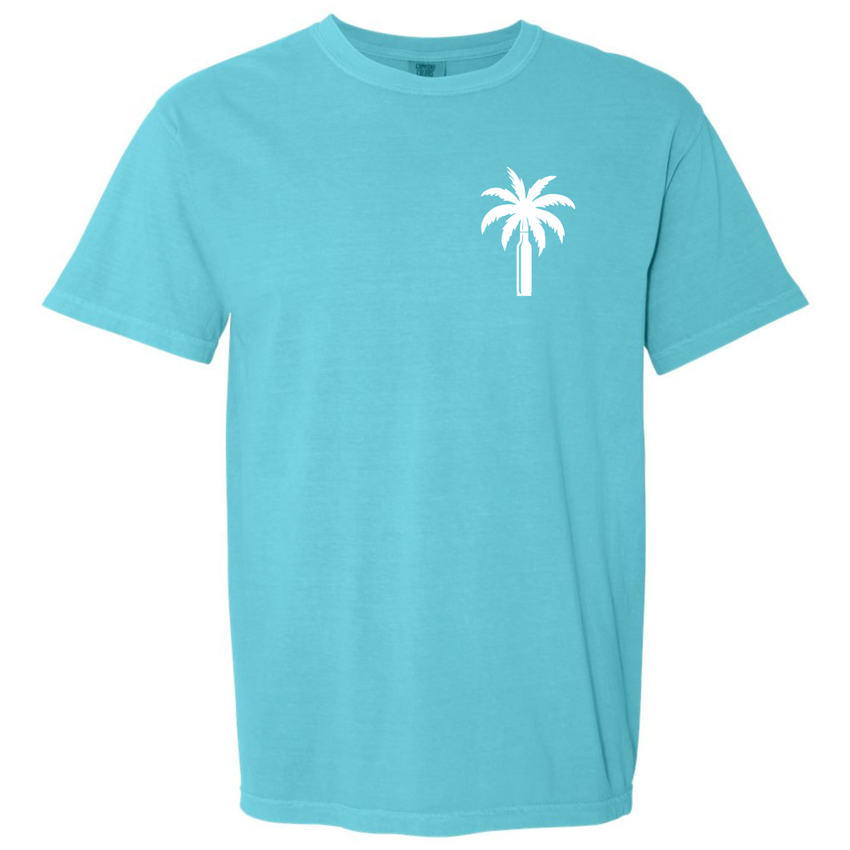 A Lagoon turquoise short-sleeve crewneck t-shirt with a small white palm tree graphic printed on the left chest, displayed on a solid white background.