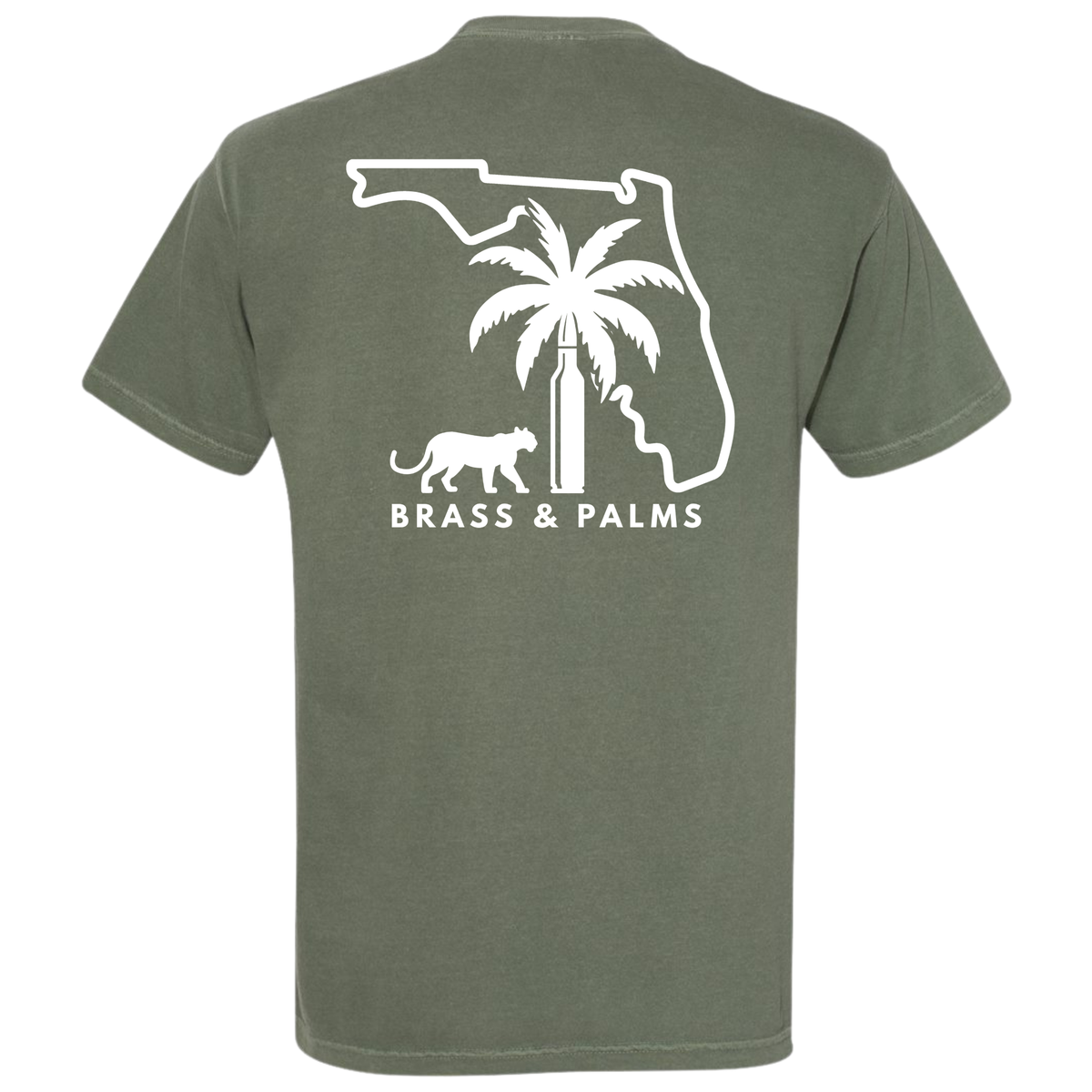 An olive green Moss short-sleeve t-shirt shown from the back, featuring a white graphic print of the Florida state outline with a palm tree, a panther, and the text 'BRASS & PALMS'.