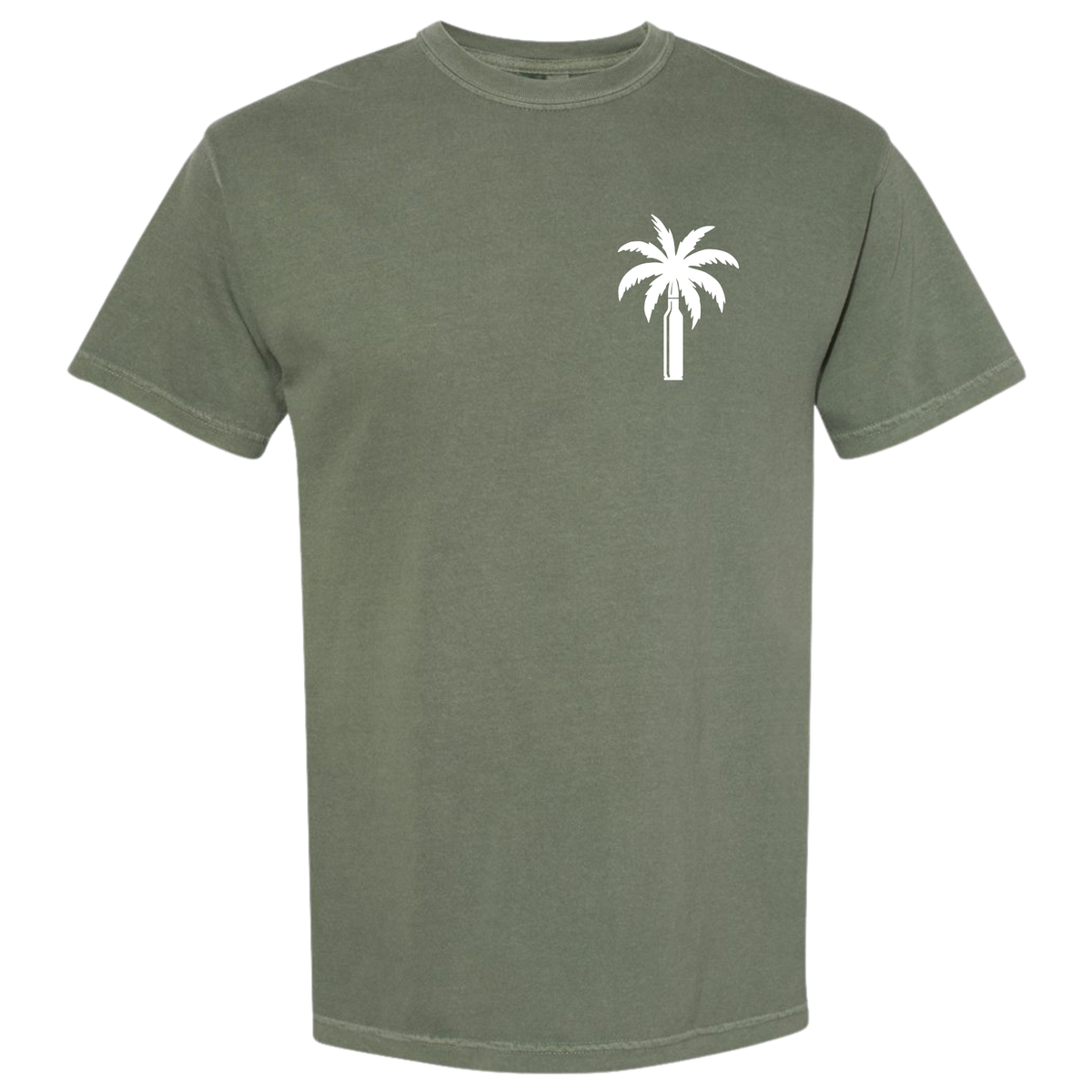 An olive green Moss short-sleeve crewneck t-shirt with a small white palm tree graphic printed on the left chest, displayed against a solid white background.