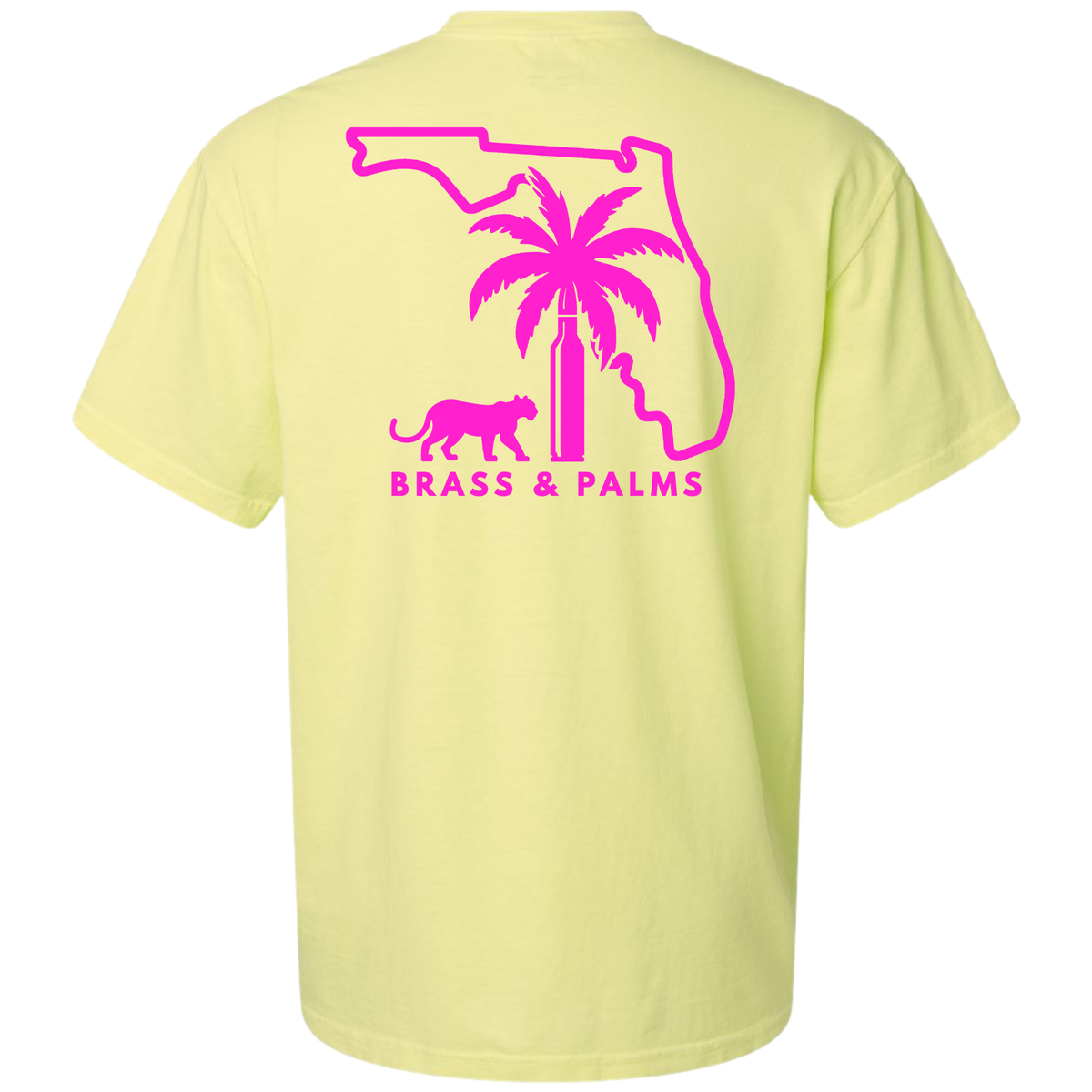 A Neon Lemon yellow short-sleeve t-shirt shown from the back, featuring a bright pink graphic of the Florida state outline with a palm tree, a panther silhouette, and the text 'BRASS & PALMS'.