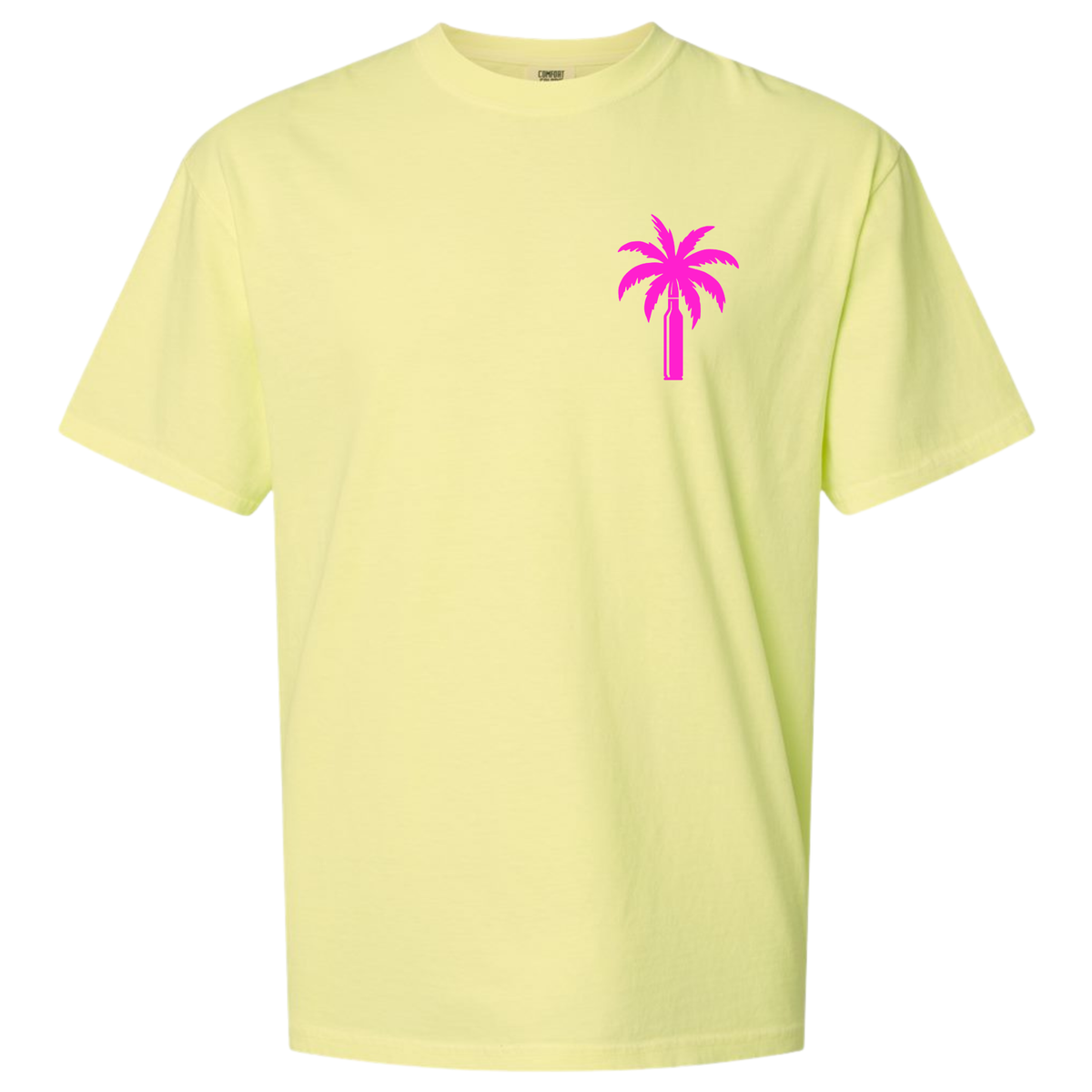 A Neon Lemon yellow short-sleeve crewneck t-shirt with a small bright pink palm tree graphic on the left chest, displayed on a solid white background.