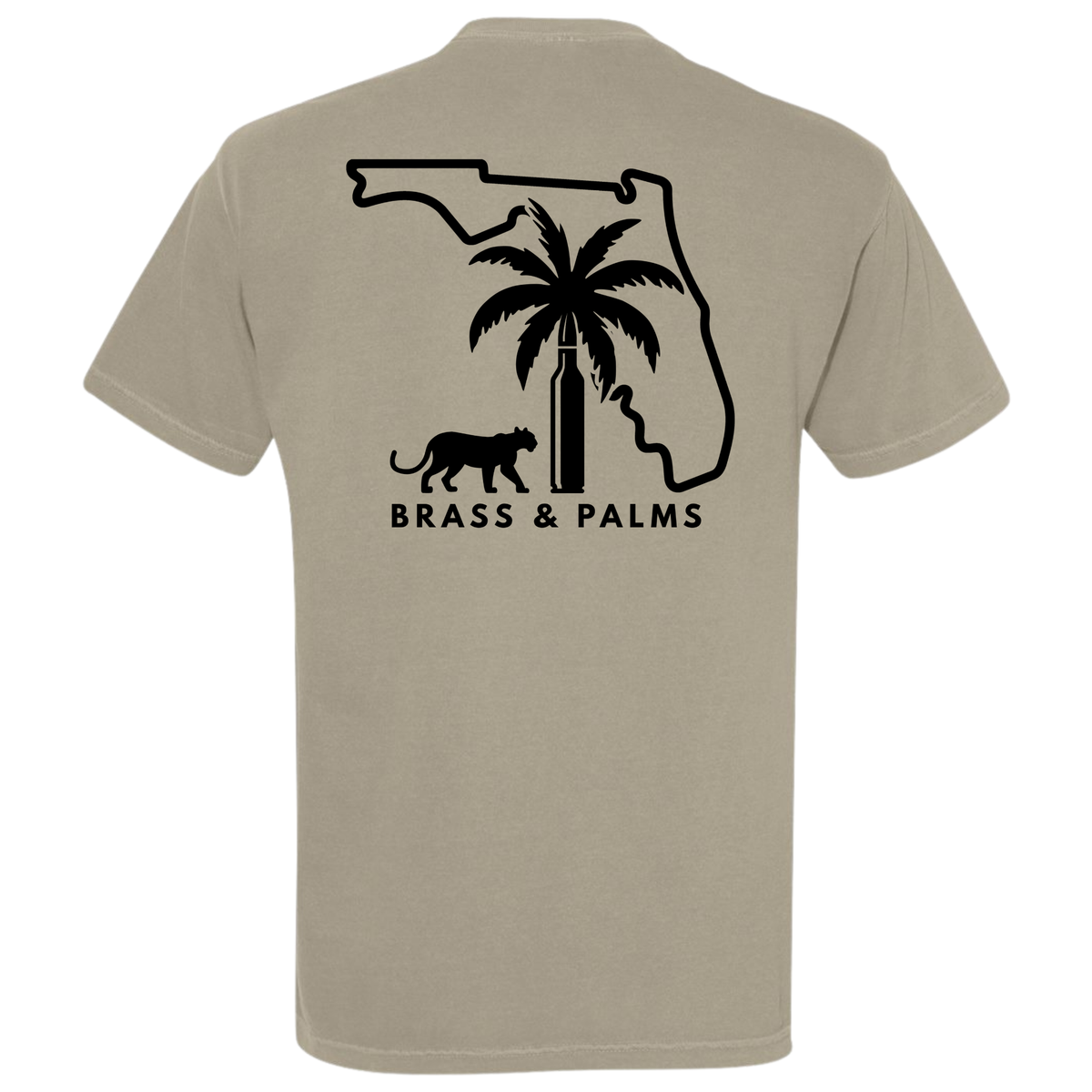 A light tan Sandstone crewneck t-shirt shown from the back, featuring a black graphic of the Florida state outline with a palm tree, a panther, and the text 'BRASS & PALMS'.