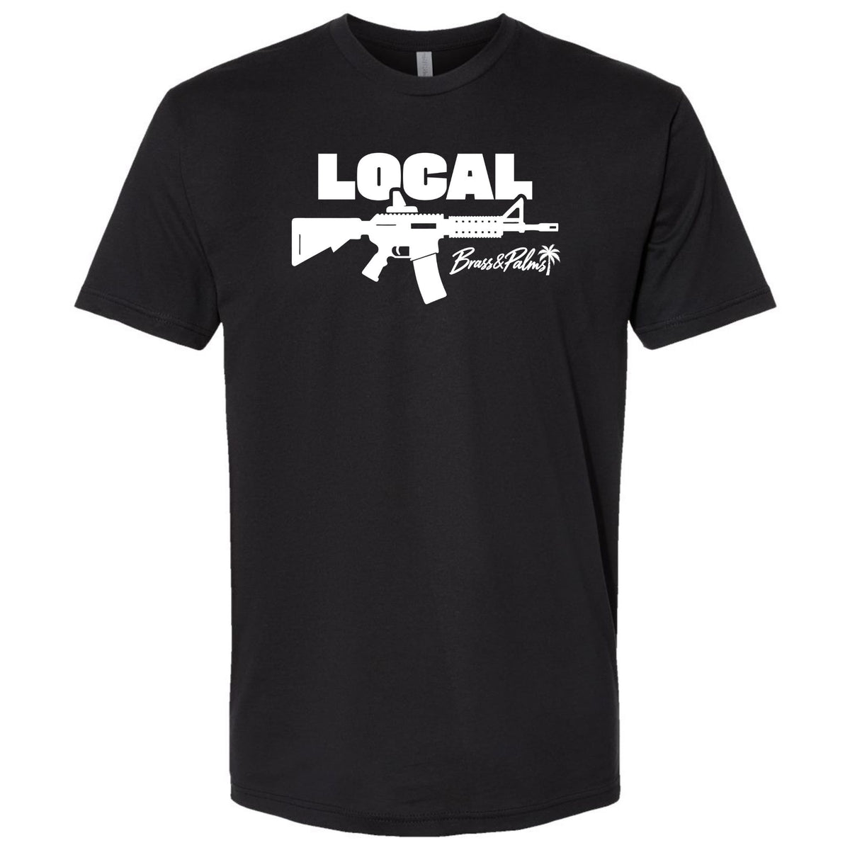 A black modern fit T-shirt featuring white LOCAL rifle graphic and Brass & Palms script logo, South Florida gun culture style.