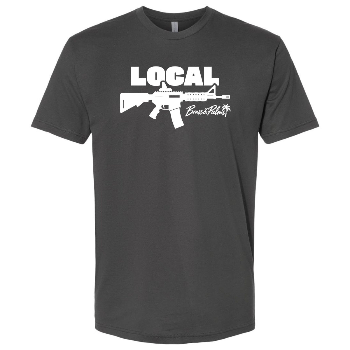A dark charcoal modern fit -shirt with white LOCAL rifle artwork and Brass & Palms branding, Florida gun culture apparel.