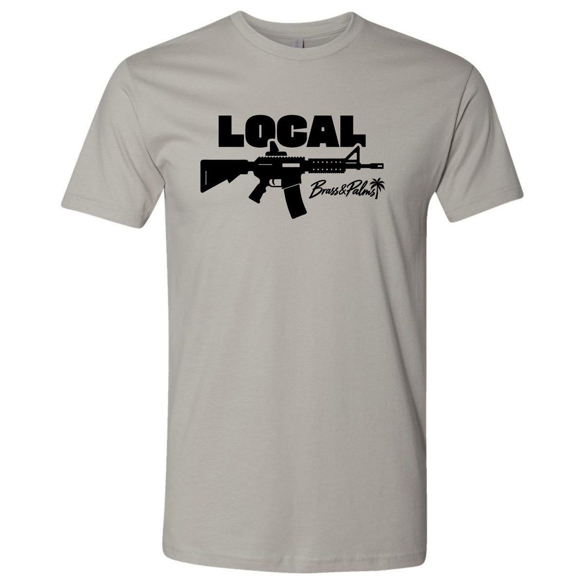   A light grey modern fit T-Shirt with black LOCAL rifle and signature Brass & Palms branding, Florida gun culture apparel.