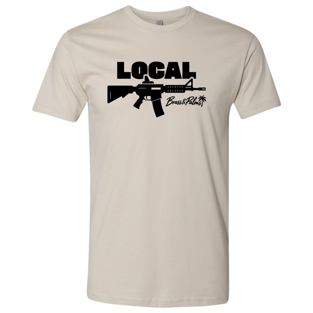 A sand-colored modern fit T-shirt with black LOCAL graphic and Brass & Palms script logo, Florida gun culture apparel.