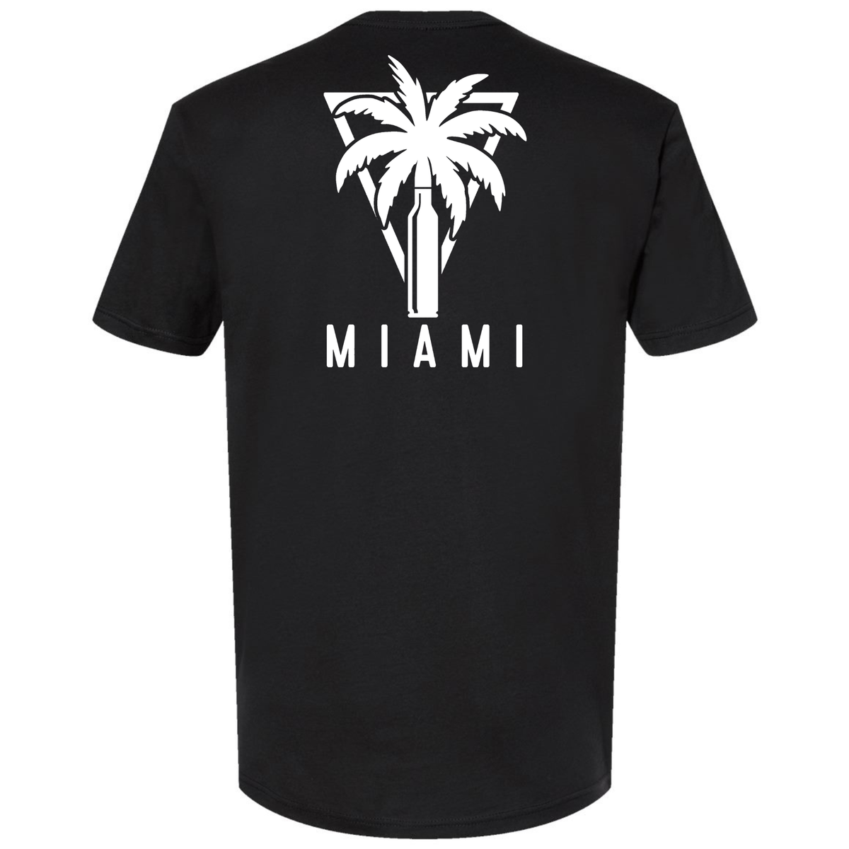 A black modern fit T-shirt featuring a large white palm tree and bullet design with 'MIAMI' lettering across the back.