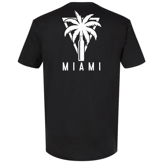A black modern fit T-shirt featuring a large white palm tree and bullet design with 'MIAMI' lettering across the back.