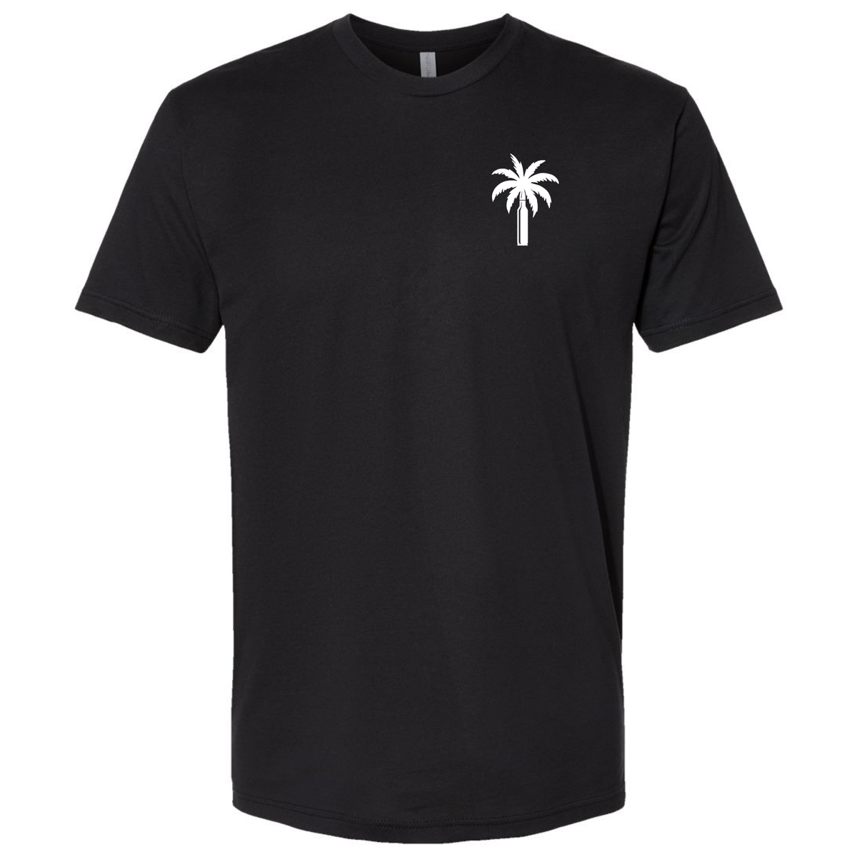 A black short-sleeve crewneck t-shirt featuring a small white palm tree graphic printed on the left chest, displayed against a solid white background.