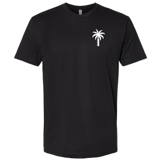 A black short-sleeve crewneck t-shirt featuring a small white palm tree graphic printed on the left chest, displayed against a solid white background.
