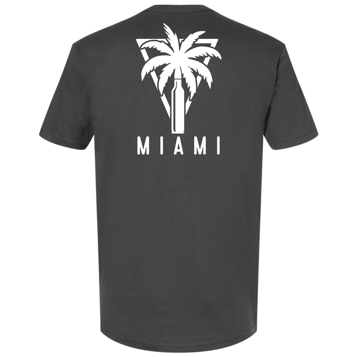 A dark charcoal modern fit T-shirt featuring a large white palm and bullet graphic with 'MIAMI' lettering on the back.