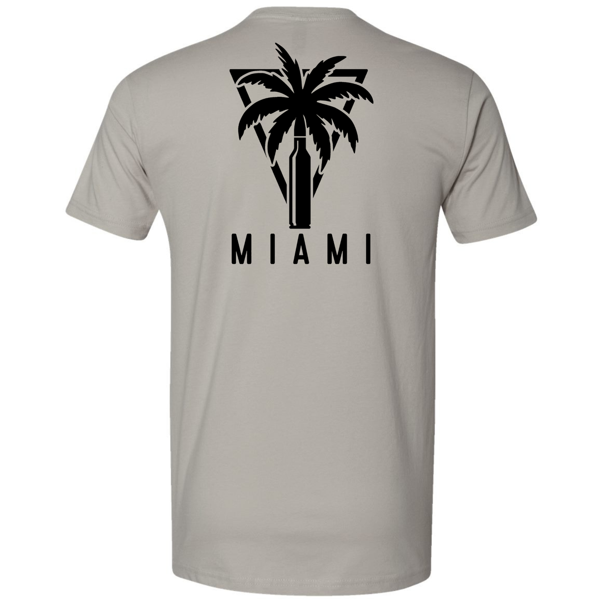 A light grey modern fit T-shirt featuring a large black palm tree and bullet graphic with 'MIAMI' lettering on the back.