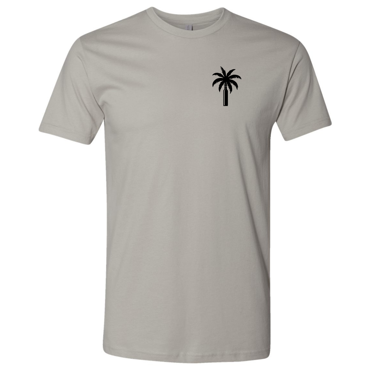 A light grey T-shirt featuring a small black palm tree and bullet graphic on the left chest.