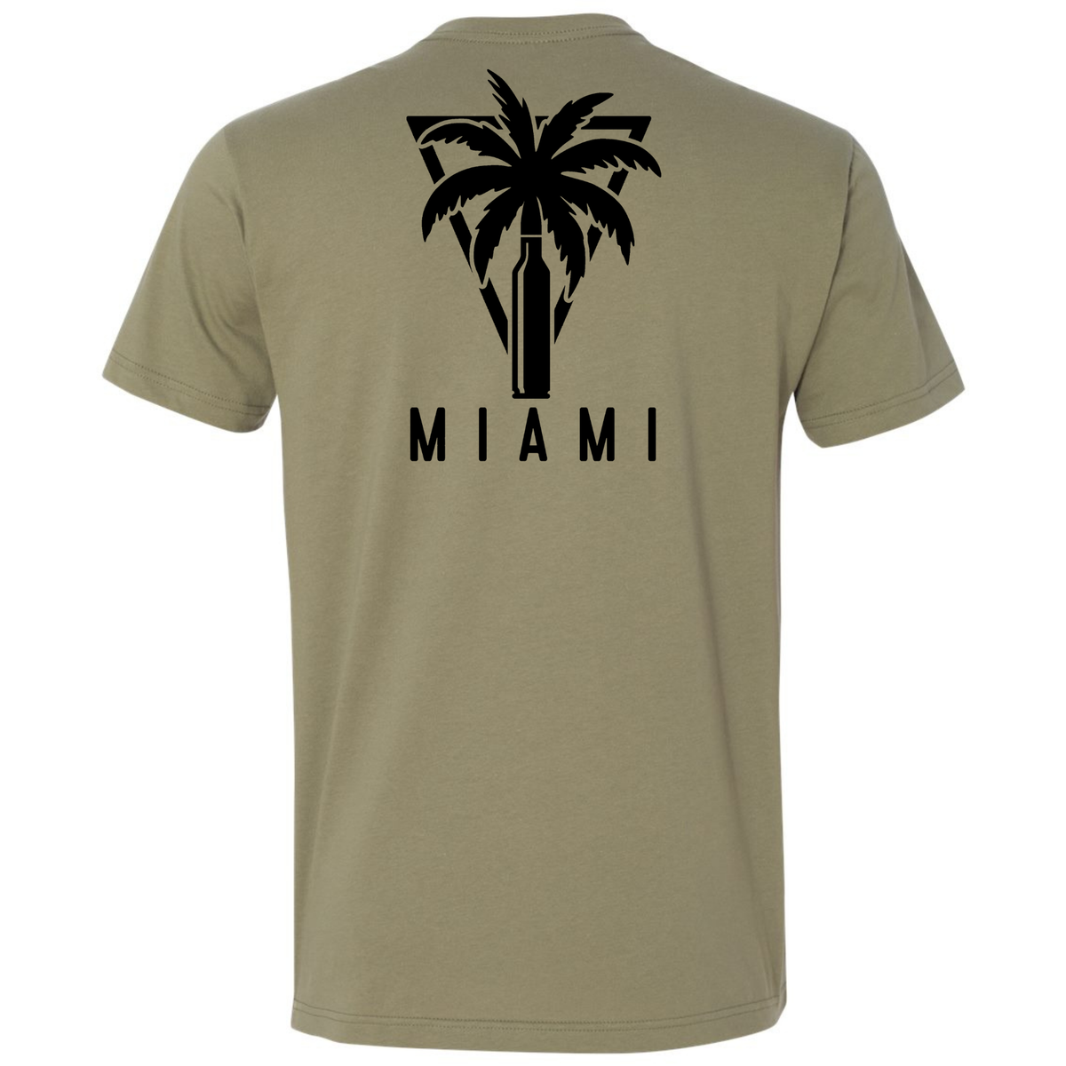 A light olive green T-shirt with a large black palm tree and bullet graphic featuring 'MIAMI' across the back.