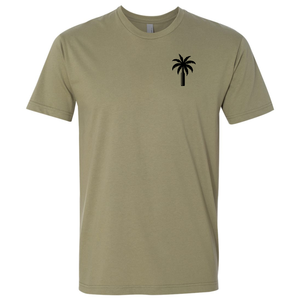 A short-sleeve crewneck t-shirt in light olive green color with a small black palm tree graphic on the left chest, displayed on a solid white background.
