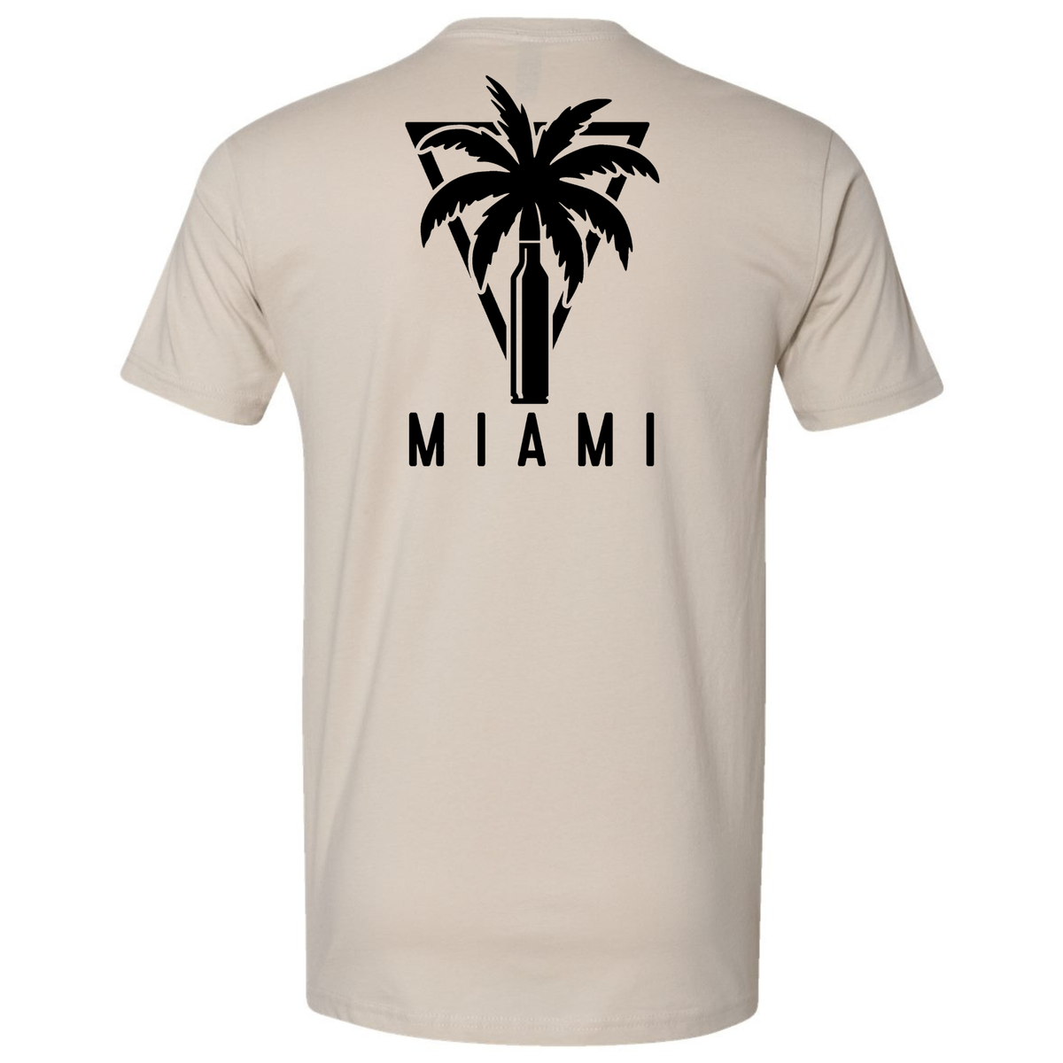 A beige sand-colored short-sleeve t-shirt shown from the back, featuring a black graphic of a palm tree with a bullet silhouette and the word 'MIAMI' printed below it.