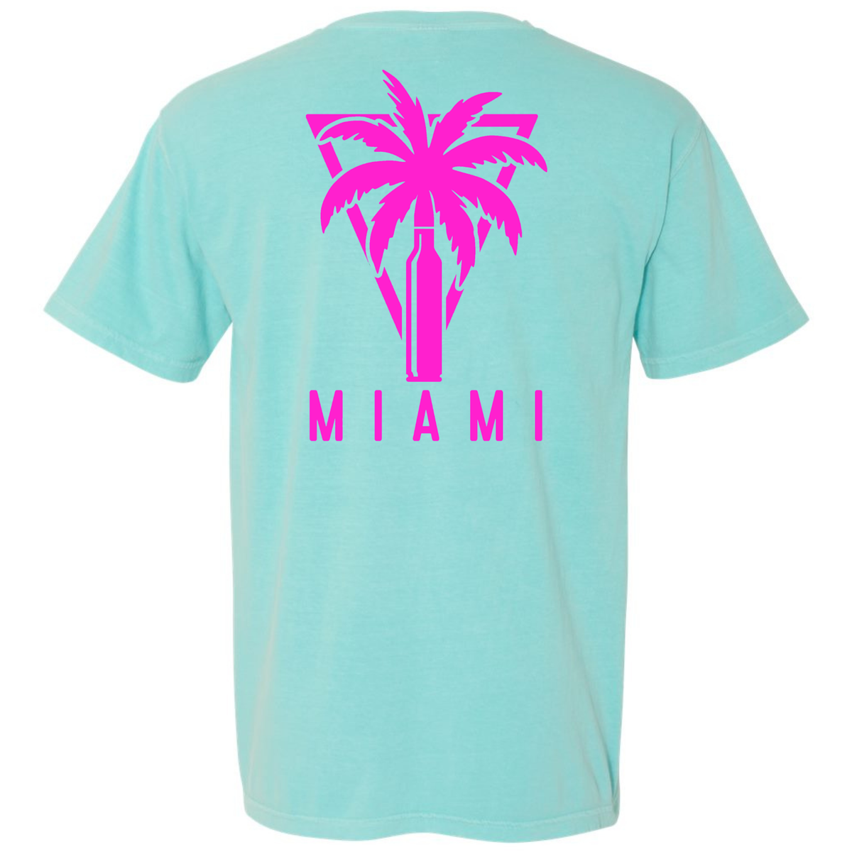A Chalky Mint aqua short-sleeve t-shirt with a vibrant pink graphic on the back featuring a palm tree silhouette and the word 'MIAMI' underneath, shown against a plain white background.
