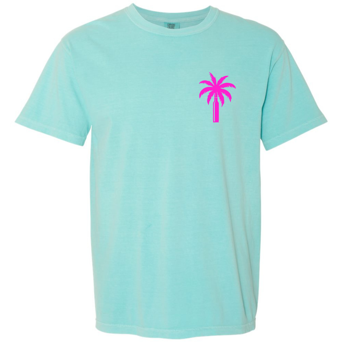 A Chalky Mint aqua short-sleeve crewneck t-shirt with a small bright pink palm tree graphic on the left chest, displayed on a solid white background.