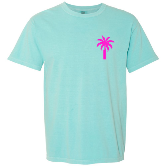 A Chalky Mint aqua short-sleeve crewneck t-shirt with a small bright pink palm tree graphic on the left chest, displayed on a solid white background.