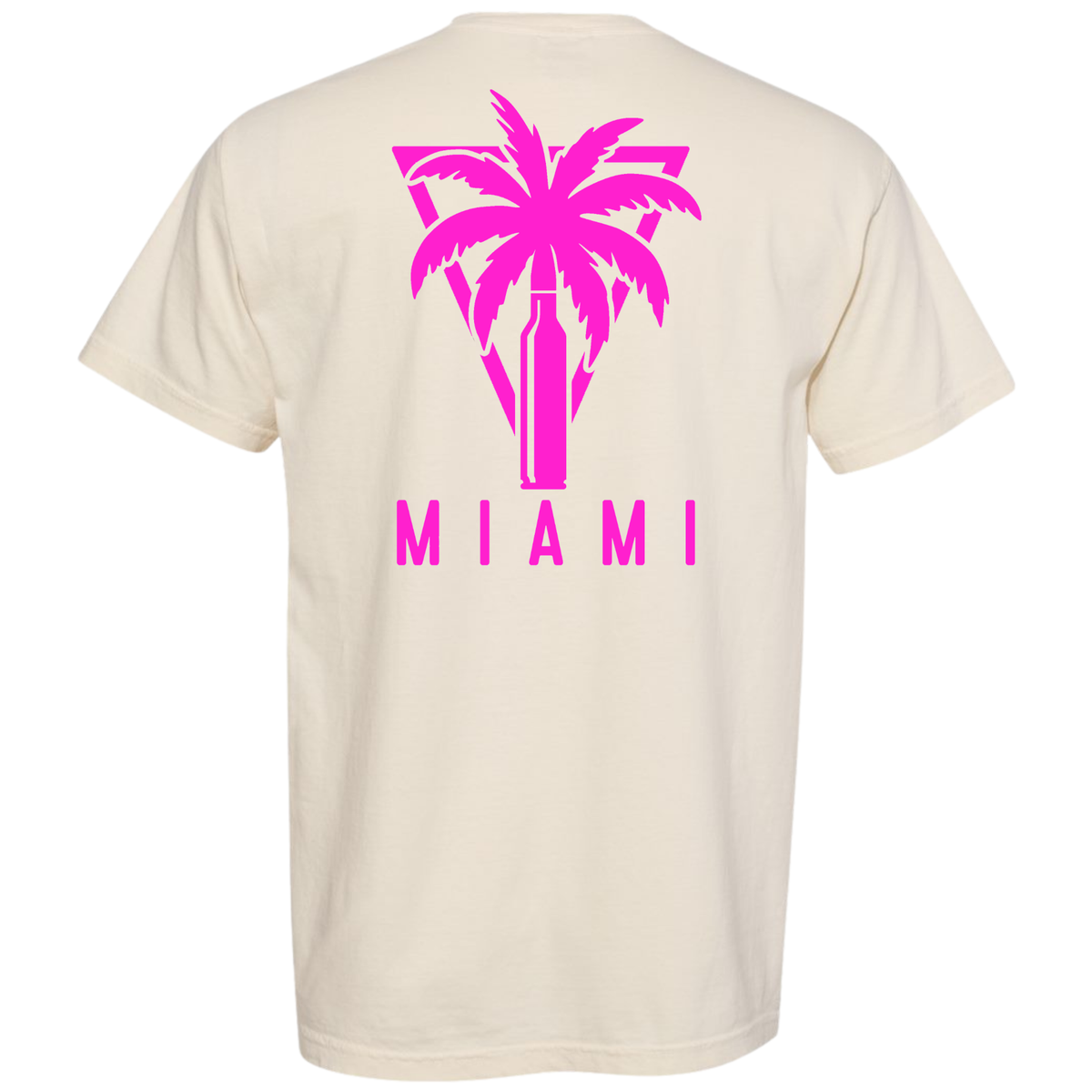 An Ivory cream-colored short-sleeve t-shirt shown from the back, featuring a vibrant hot pink graphic of a palm tree with a bottle silhouette and the word 'MIAMI' printed below.