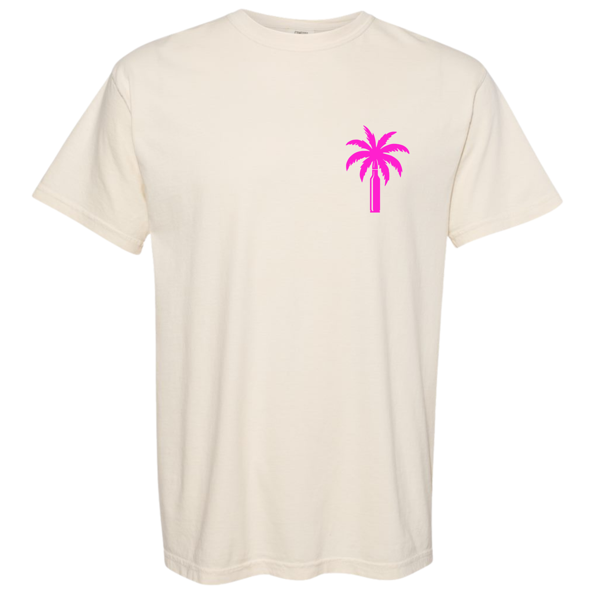 An Ivory off-white short-sleeve crewneck t-shirt featuring a small bright pink palm tree graphic on the left chest, displayed against a solid white background.