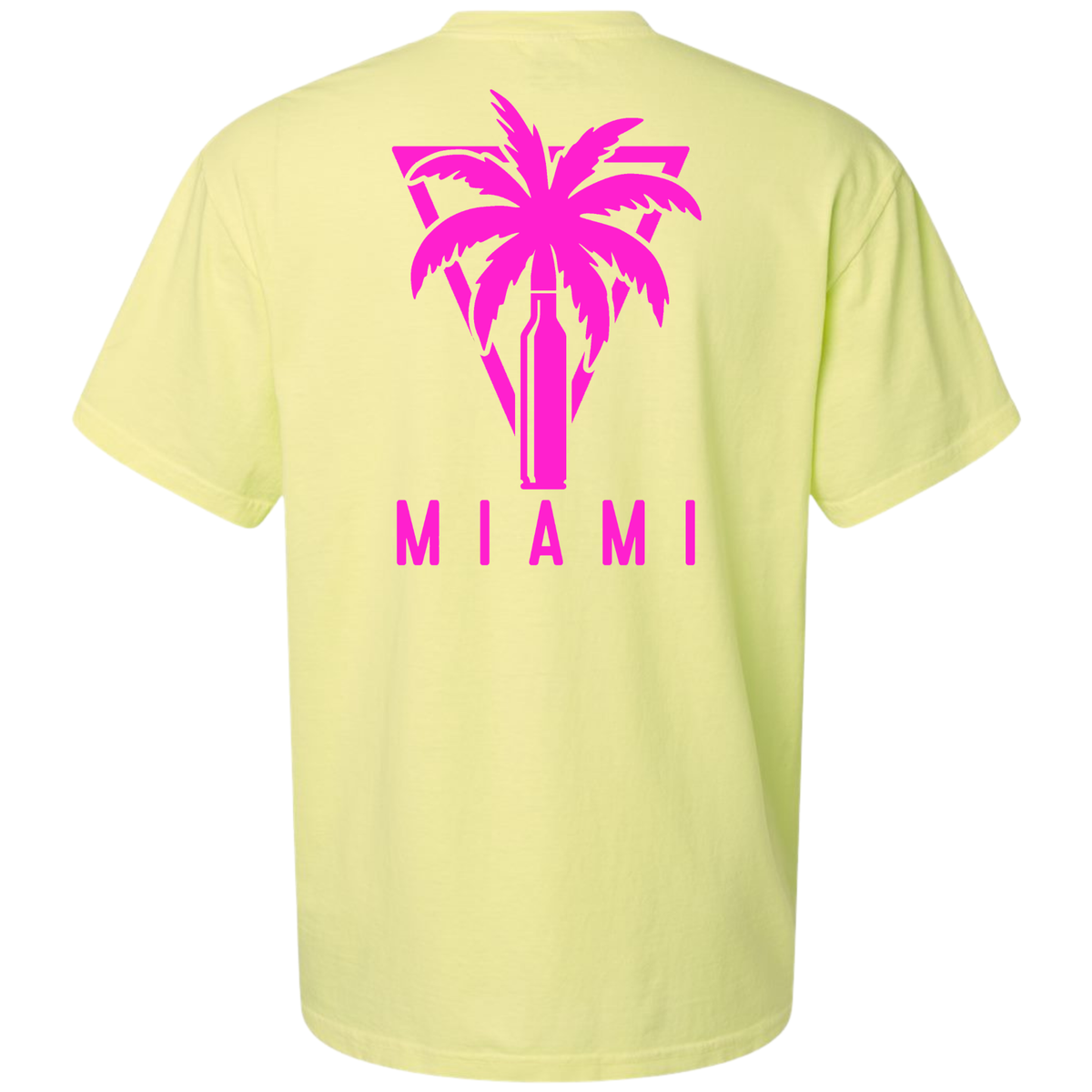 A Neon Lemon yellow short-sleeve t-shirt shown from the back, featuring a bright pink graphic of a palm tree with a bottle silhouette and the word 'MIAMI' printed below in pink.