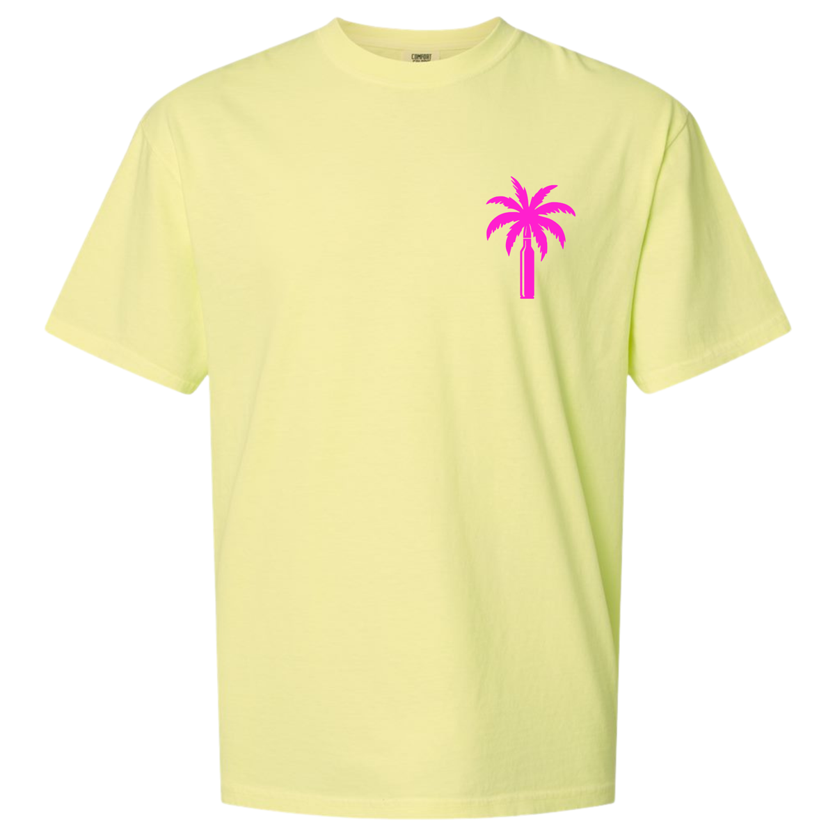A Neon Lemon yellow short-sleeve crewneck t-shirt with a small bright pink palm tree graphic on the left chest, displayed on a solid white background.
